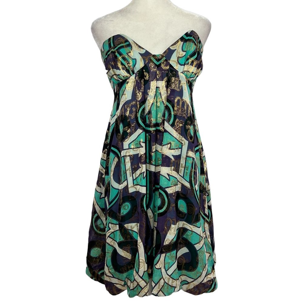 NWT Nicole Miller Collection Purple & Aqua Silk & Lurex Strapless Dress …